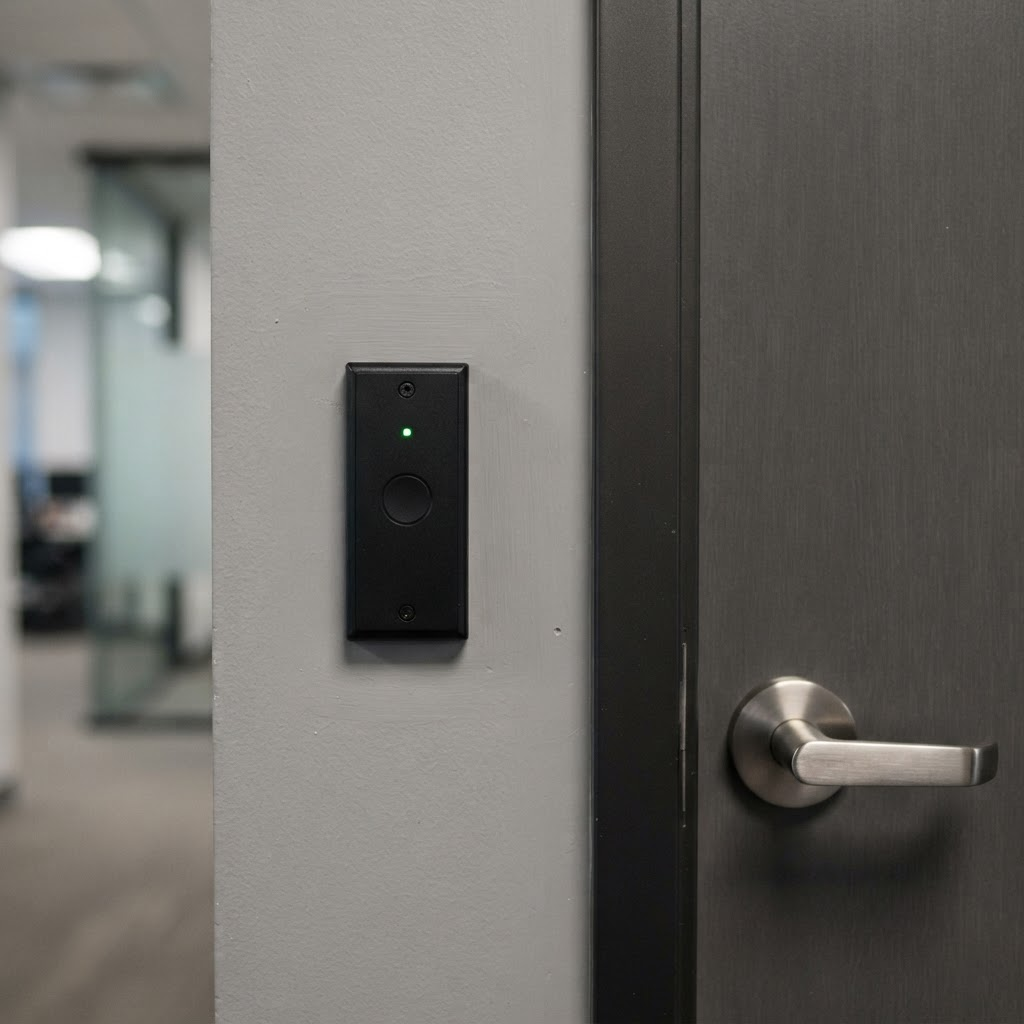 Electronic access control card reader mounted beside a door