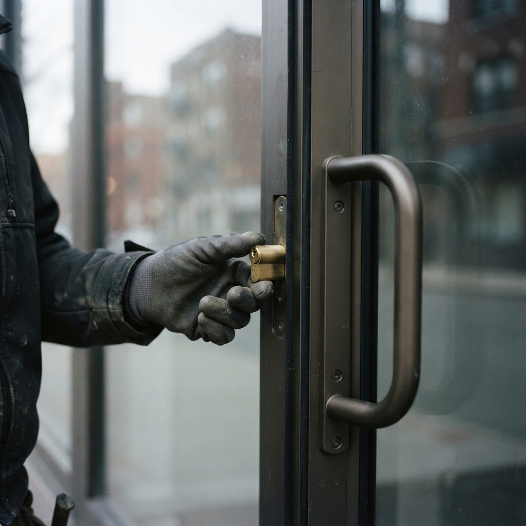 Mortise cylinder being fitted to an aluminium and glass commercial storefront door