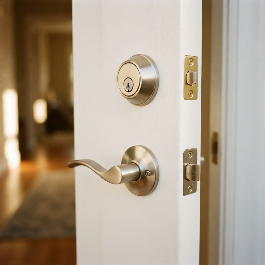 Deadbolt being installed into a residential door with the strike plate visible on the frame