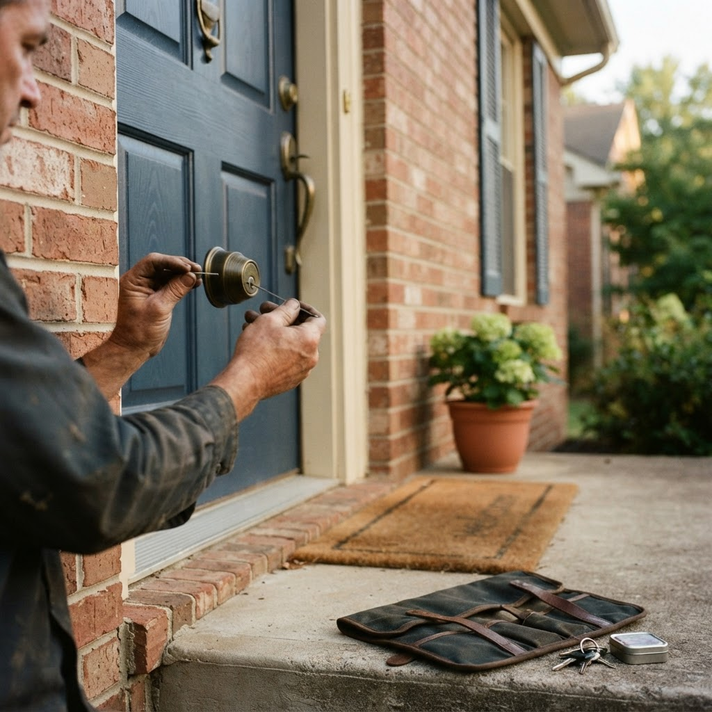 Locksmith working on the deadbolt of a suburban home's front entry door with a tool roll on the step