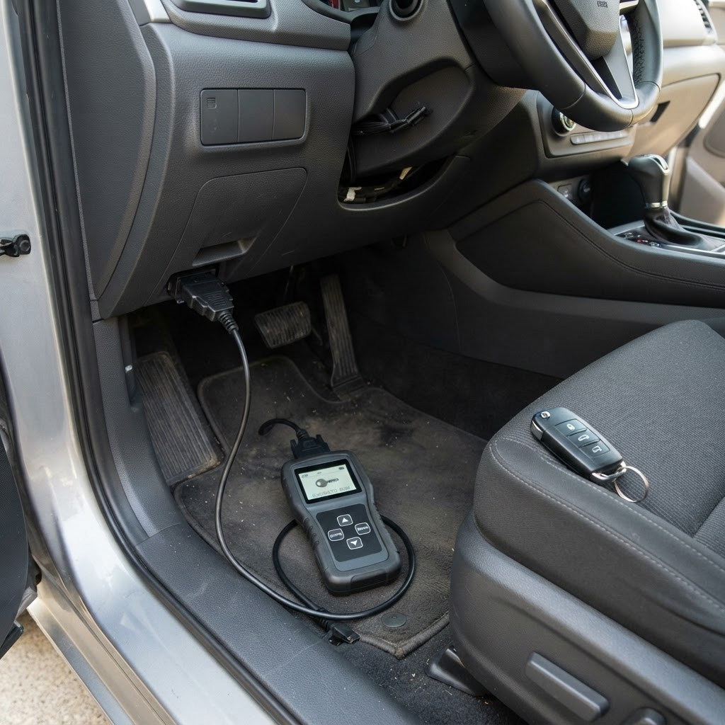 A handheld key programming tool connected to a vehicle's OBD-II diagnostic port beneath the dashboard