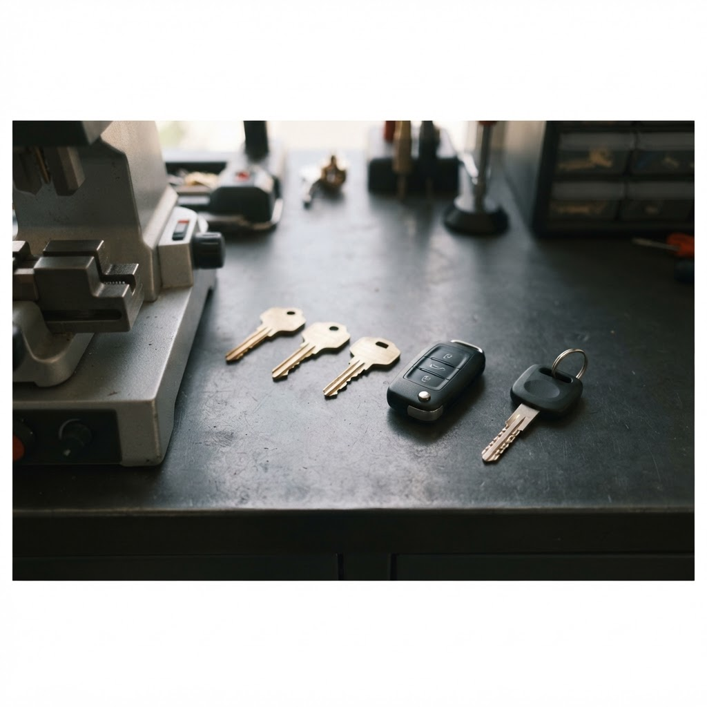 Locksmith workbench with car keys, transponder key blanks and key cutting equipment