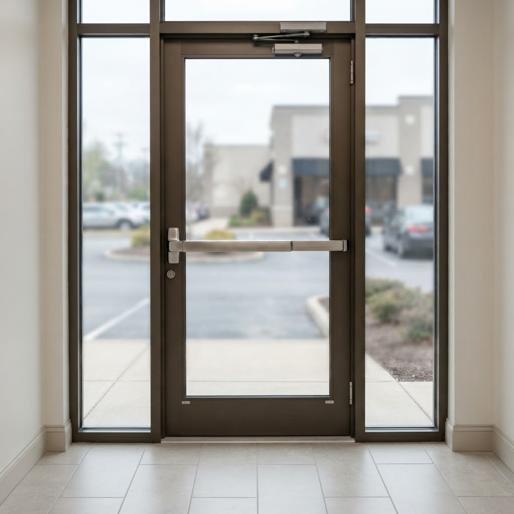 A stainless steel panic bar exit device fitted to a commercial aluminium and glass storefront door