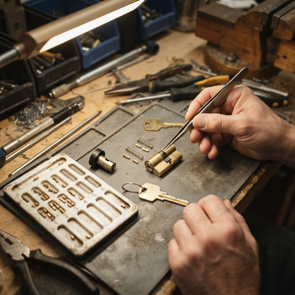 Locksmith rekeying a lock cylinder with a pinning tray, tweezers and cut keys on a work mat