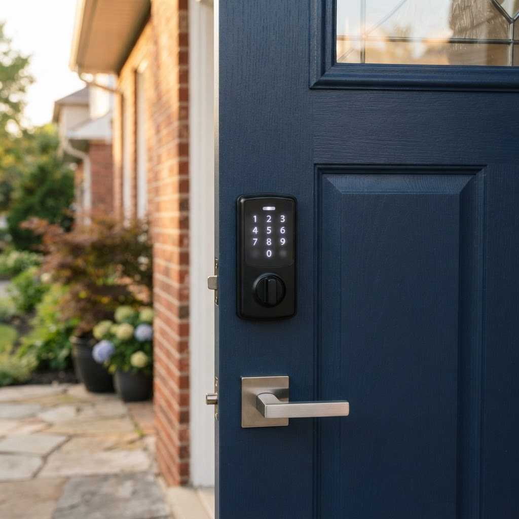 A matte black keypad smart lock mounted on a navy painted residential front door
